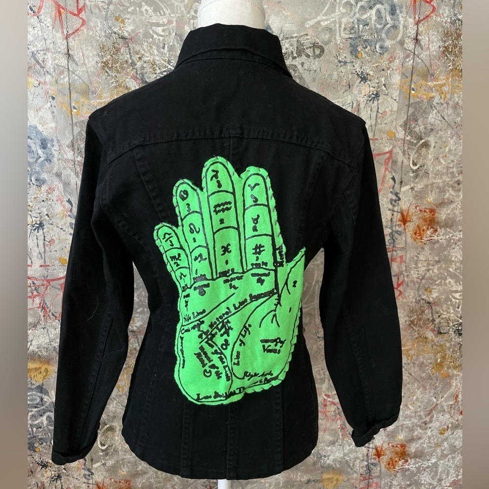 ETAM Unique Black Denim Jacket with Neon Palm Reading Patch on Back. - Picture 3 of 10